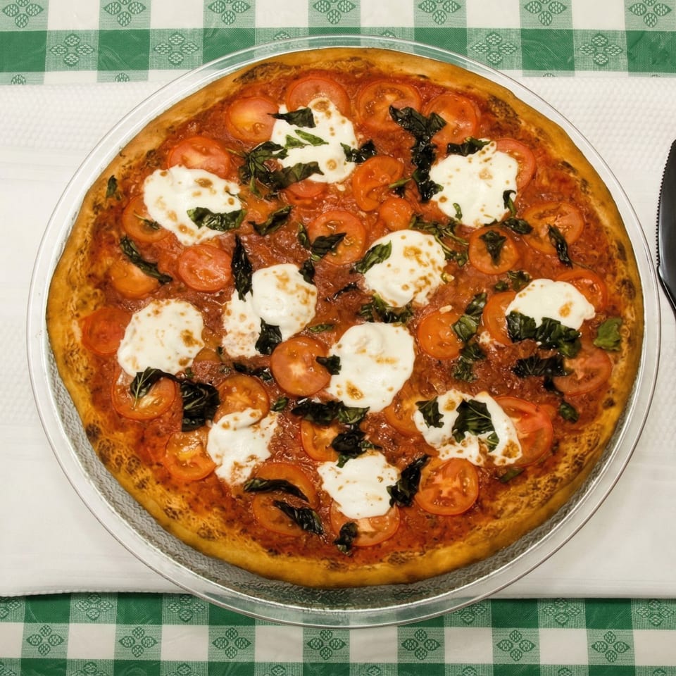 A Pizza Spot Margherita pizza with fresh tomatoes, mozzarella, and basil on a checkered tablecloth.