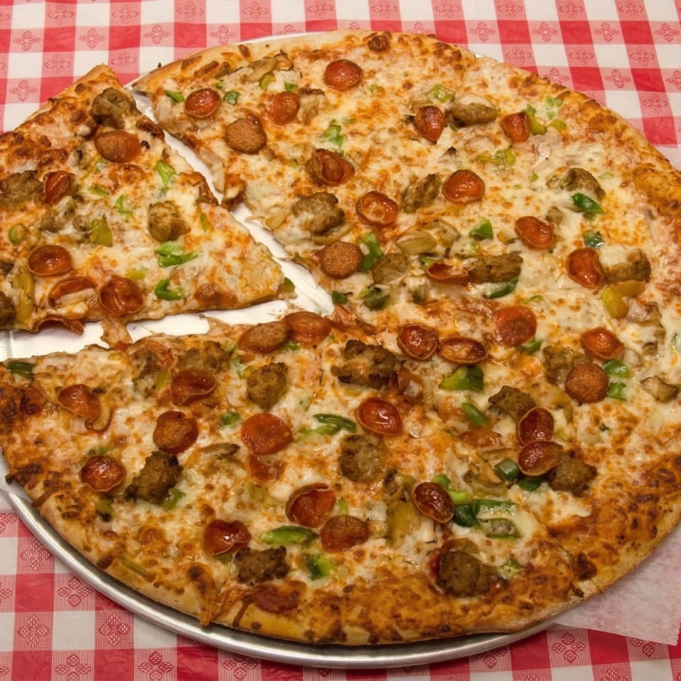 A large Pizza Spot pizza with pepperoni, sausage, and green peppers on a red and white checkered tablecloth.